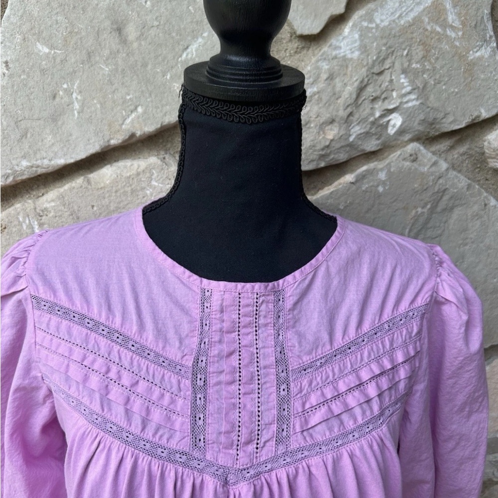 J Crew Tunic Top Small Pink‎ 3/4 Puff Ruffled Sleeves Embroidered Excellent - Picture 3 of 9